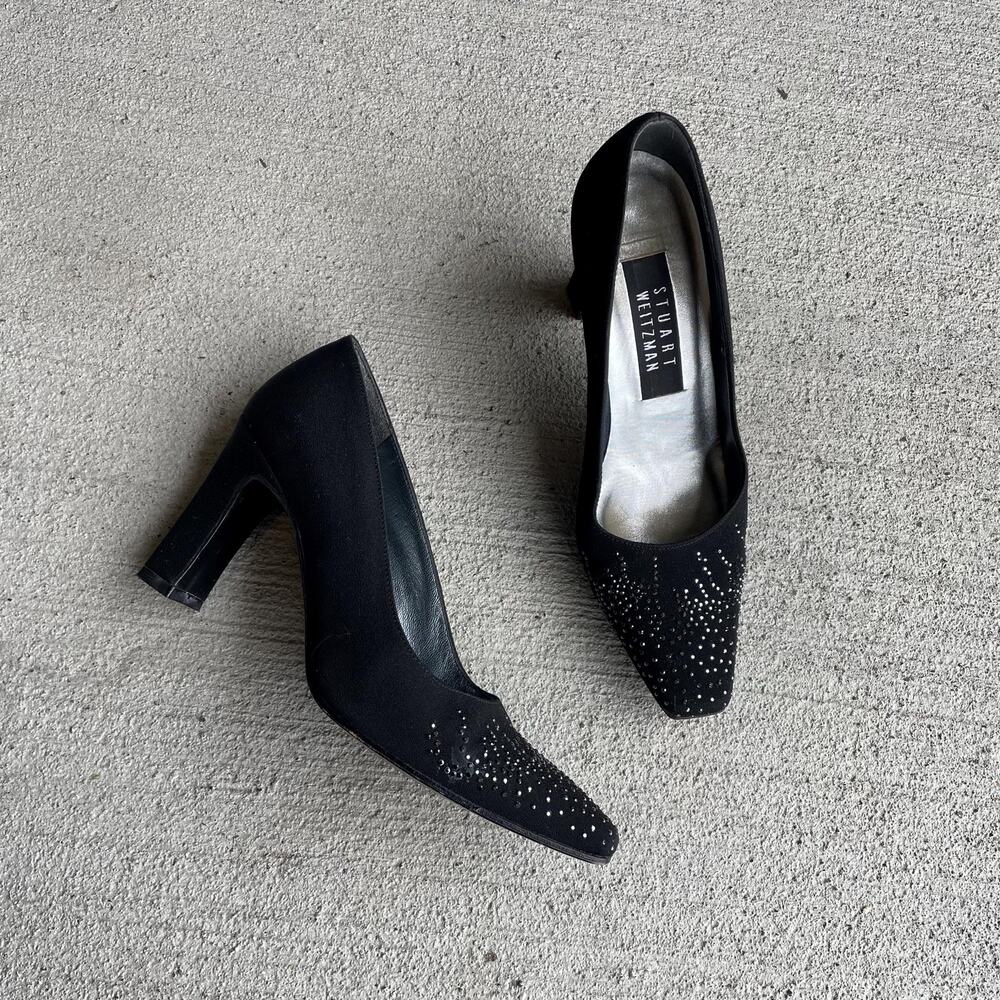 90s Vintage Stuart Weitzman Black Rhinestone Crystal Pumps | Size US 5